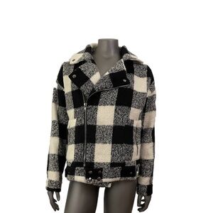 J.O.A. LA Winter Coat Women L Buffalo Plaid Black White Wool Biker Country
